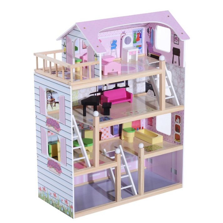 Casa de muñecas de 4 pisos color rosa Homcom