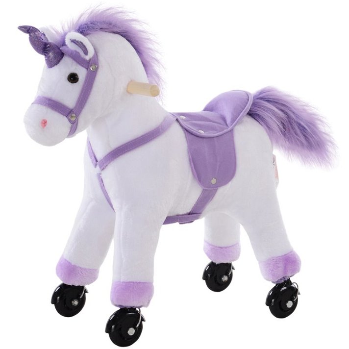 Unicornio mecánico para cabalgar con sonido de 23x60 cm en colores blanco y violeta Homcom
