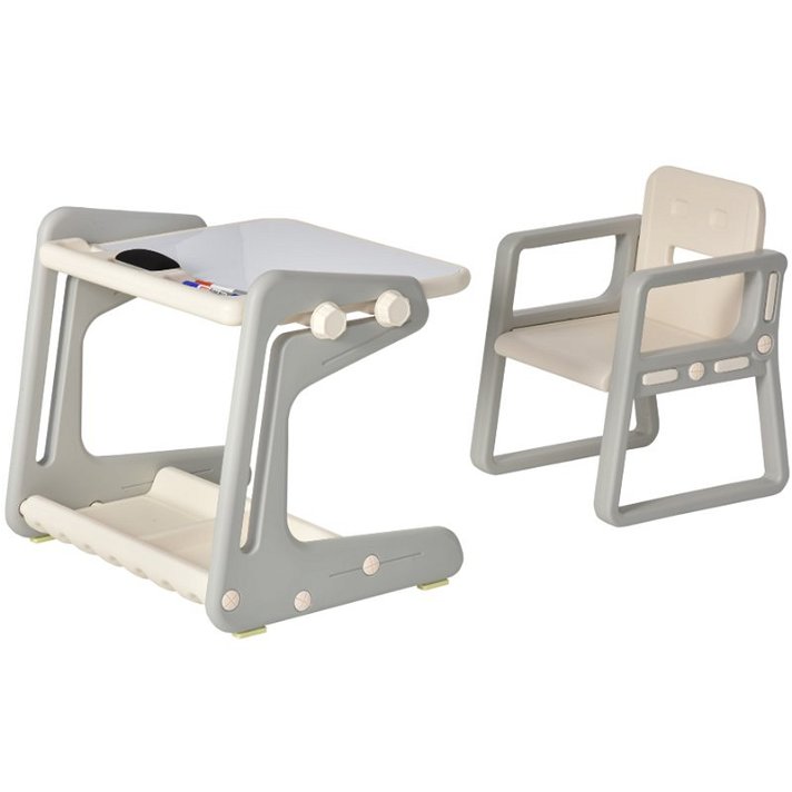 Conjunto infantil de 1 mesa e 1 cadeira com quadro branco fabricado em HDPE de cor bege e cinzento Homcom