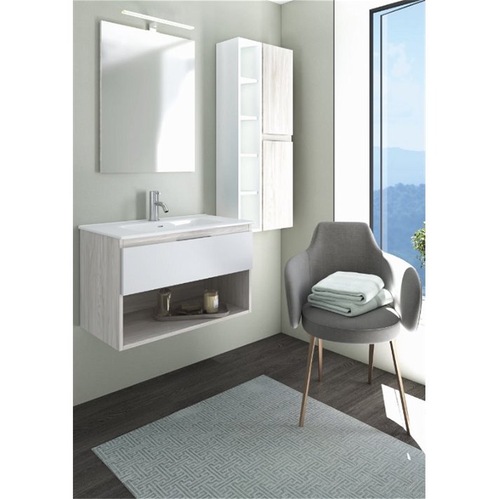 Mueble de baño compacto de 80 cm de ancho con un cajón y lavabo en color cendré y blanco Life B10
