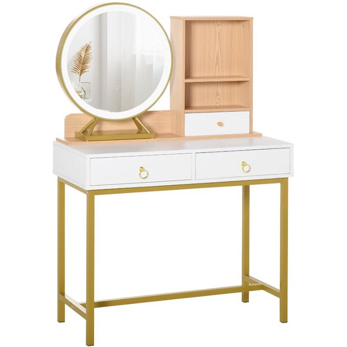 Mesa de toucador com espelho LED branco e dourado Homcom