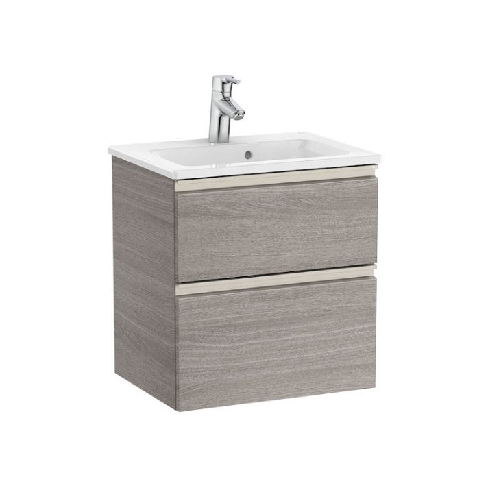 Mueble de baño suspendido con lavabo y 2 cajones de 50 cm de ancho color roble Unik Roca