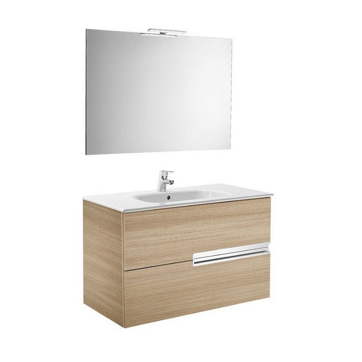 Conjunto de casa banho com espelho e aplique LED de 90 cm de cor carvalho Victoria-N Roca