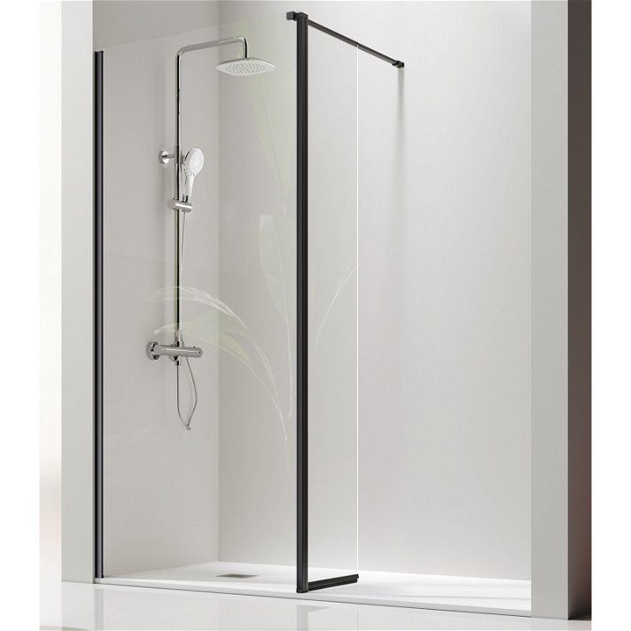 Mampara de ducha frontal con hoja fija y puerta abatible en acabado color negro Giro Kassandra