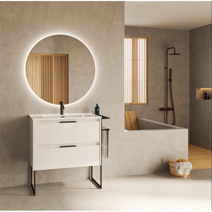 Mueble para baño con lavabo integrado de 80 cm de ancho fabricado en tablero en un acabado blanco brillo Keiko Amizuva