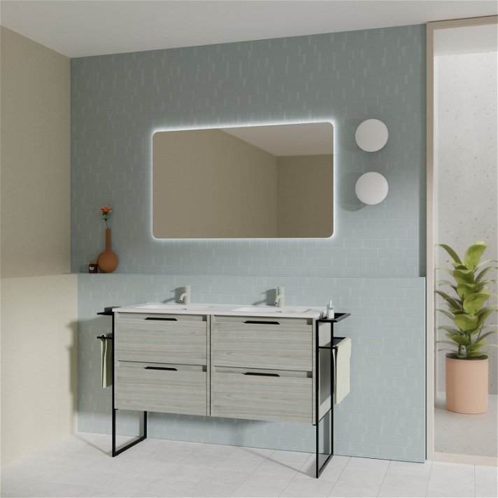 Mueble para baño con 2 lavabos integrados de 120 cm de ancho con un acabado en gris arenado Keiko Amizuva