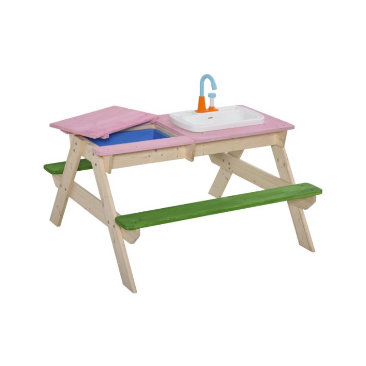 Mesa de pícnic con banco de 94 cm hecha en madera de cedro y polietileno en acabado color verde y rosa claro Outsunny