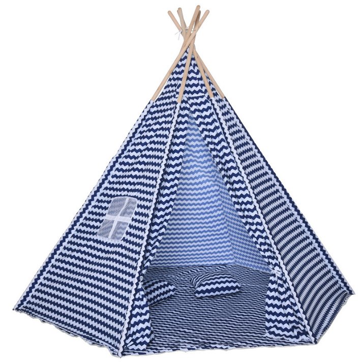 Tenda Tipi Infantil elaborada com poliéster e madeira com acabamento azul HomCom
