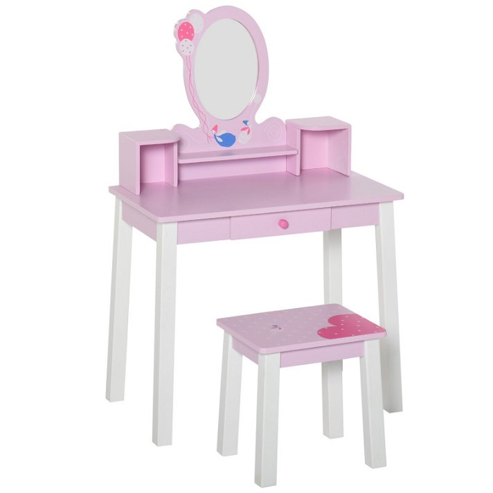 Tocador infantil con taburete y espejo rosa HomCom