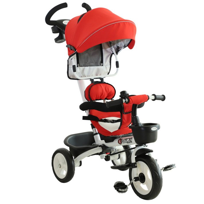 Triciclo infantil con capota extraíble con protección UV y manija de empuje rojo HomCom