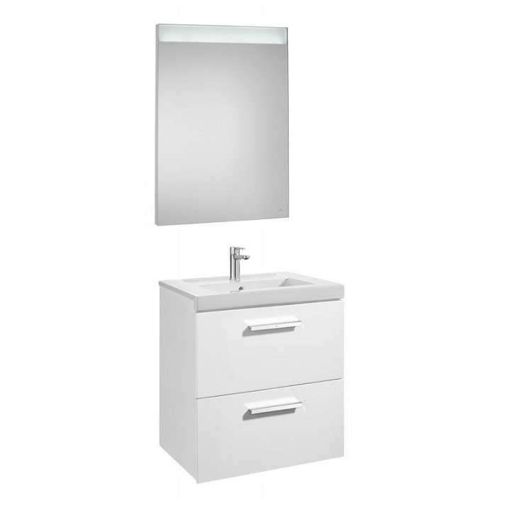 Móvel para casa de banho com duas gavetas e espelho LED 60 cm branco brilhante Prisma Pack Roca