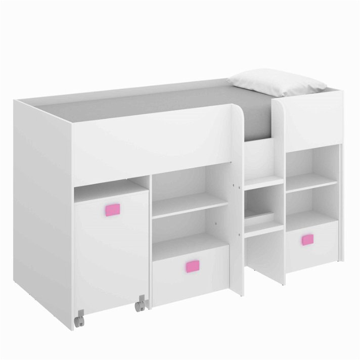 Letto giovanile alto con scrivania e cassetti colore bianco e rosa IberoDepot