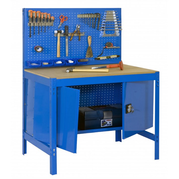 Conjunto de bancada de trabalho BT2 com um armário incorporado locker de cor Azul SimonRack