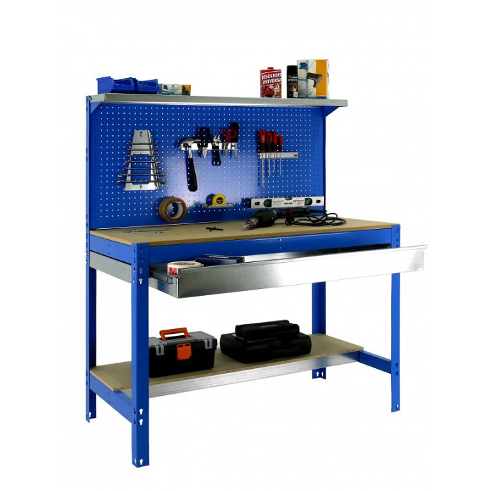 Ensemble avec table de travail BT3 deux tablettes et un tiroir de couleur bleue trois dimensions au choix SimonRack