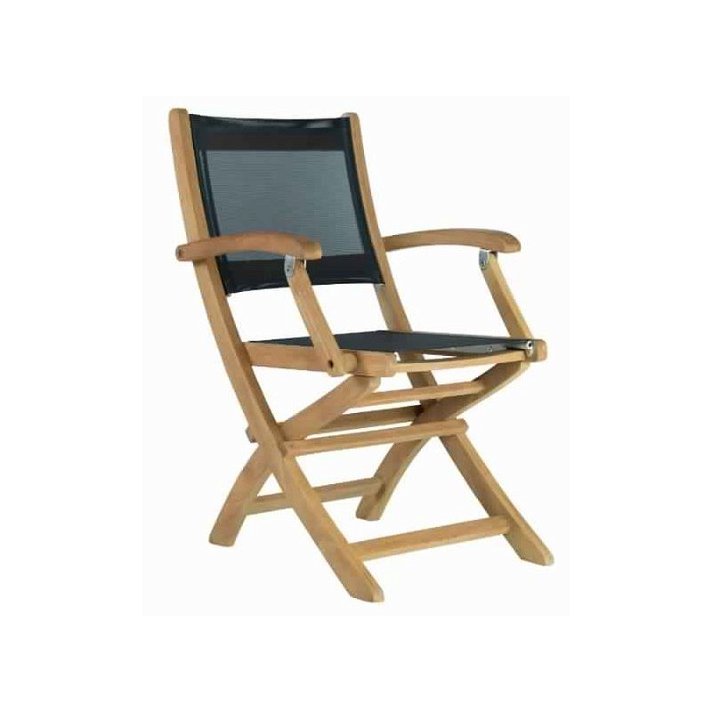 Cadeira dobrável para exteriores com textilene preto feita de teca natural IberoDepot