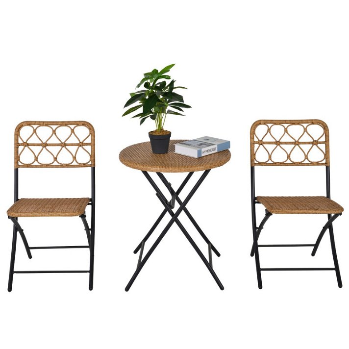 Conjunto mesa y sillas de ratán y acero con un acabado en color negro y caqui Outsunny