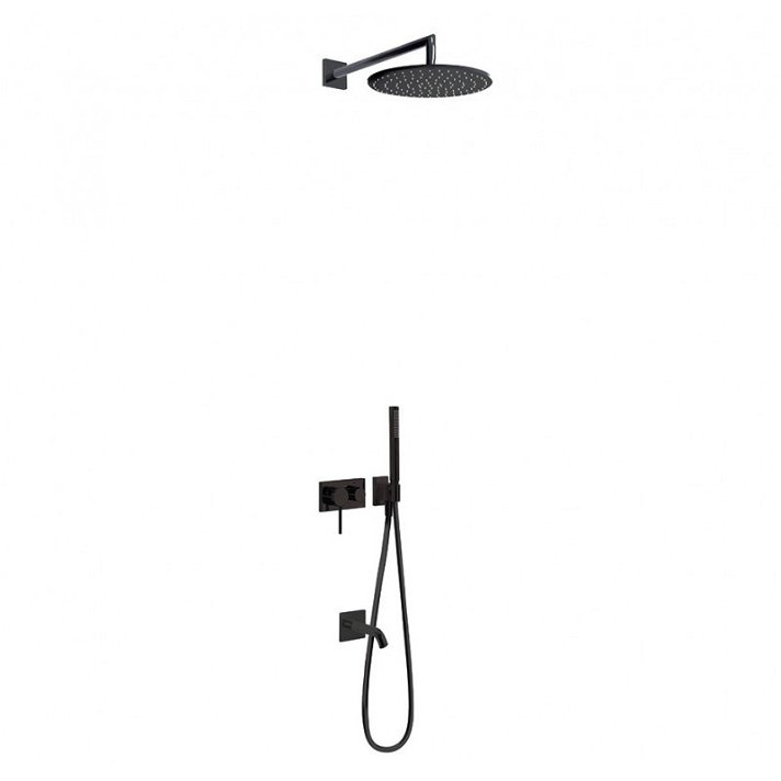 Kit de douche avec robinet mitigeur à 3 voies avec pomme haute et bras à encastrer finition de couleur noire TRES