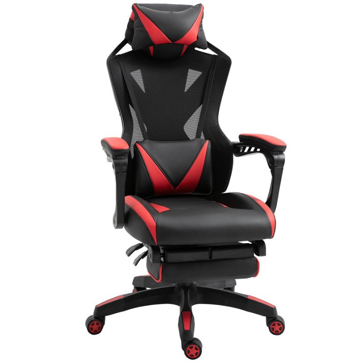 Cadeira ergonómica para escritório com almofada para lombar e apoio para os pés de cor vermelho e preto Racing HOMCOM
