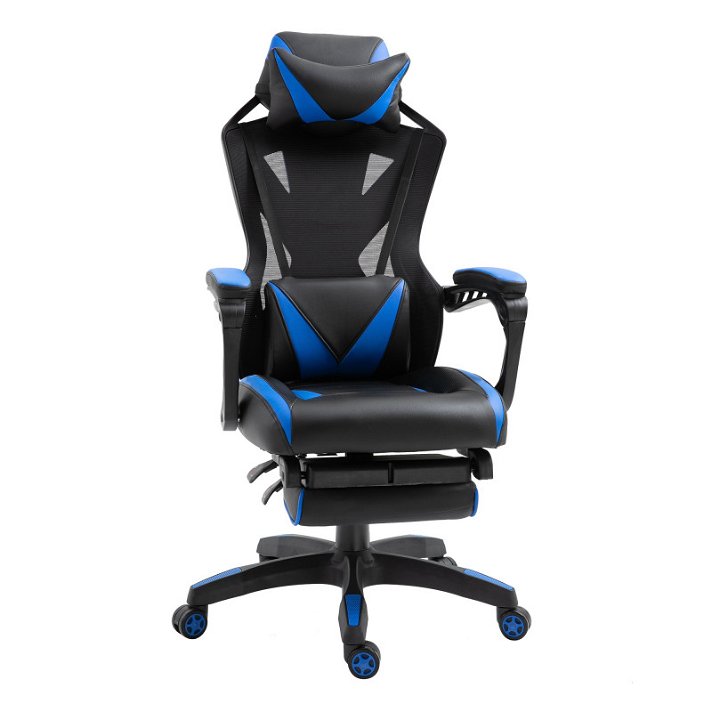 Cadeira ergonómica de escritório com almofada para lombar e apoio para os pés de cor azul e preto Racing Homcom