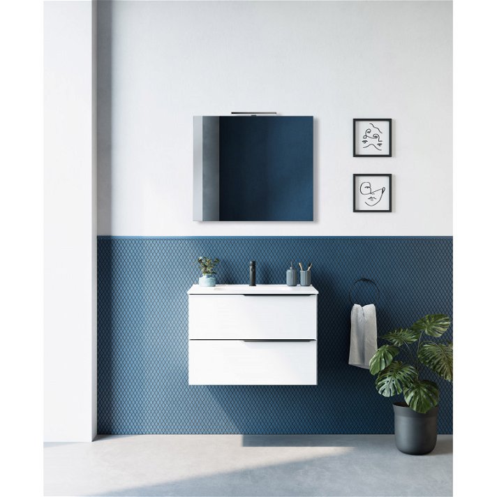 Mobile bagno a due cassetti con maniglie e lavabo integrato in ceramica bianca MIO Royo
