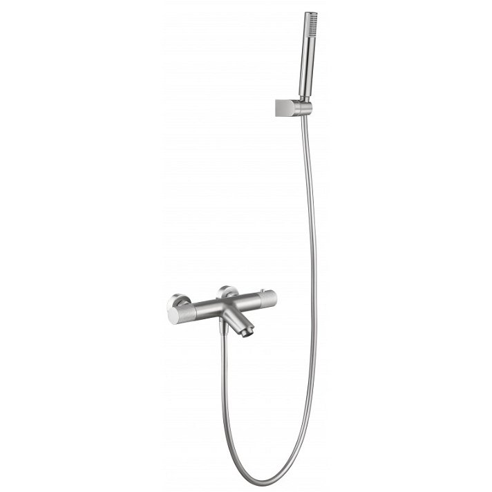Grifo de bañera y ducha termostático con un diseño moderno de acabado níquel cepillado Line Imex