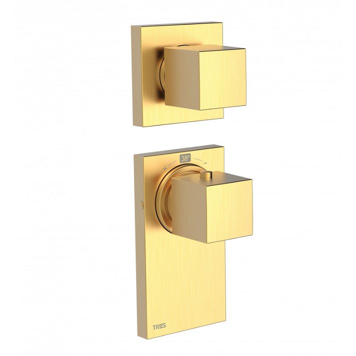 Rubinetto termostatico quadrato a 2 vie oro opaco Block System TRES