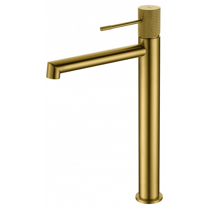 Grifo monomando para lavabo con un diseño de caño alto en color oro cepillado Line Imex
