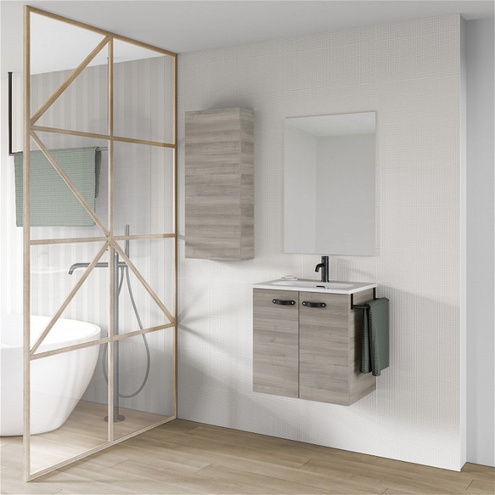 Conjunto para baño de un mueble de 50 cm de ancho con lavabo y espejo en un acabado gris arenado Aneko Amizuva