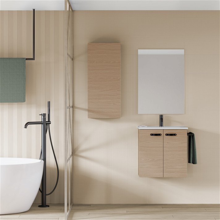 Conjunto para baño de un mueble de 50 cm de ancho con lavabo y espejo en un acabado nogal arenado Aneko Amizuva