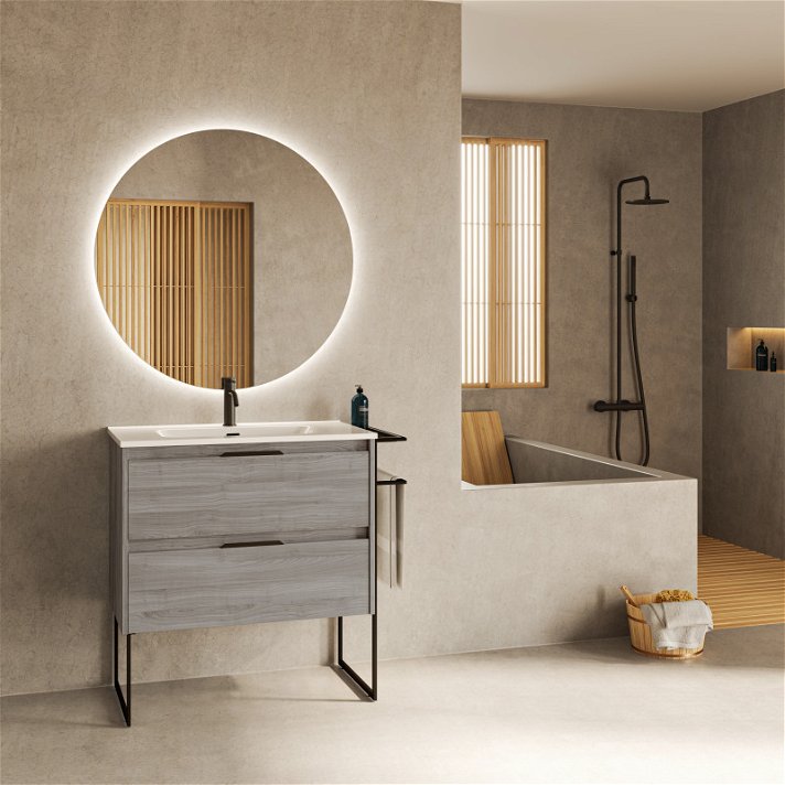 Mueble para baño con lavabo integrado de 80 cm de ancho fabricado en tablero en un acabado gris arenado Keiko Amizuva