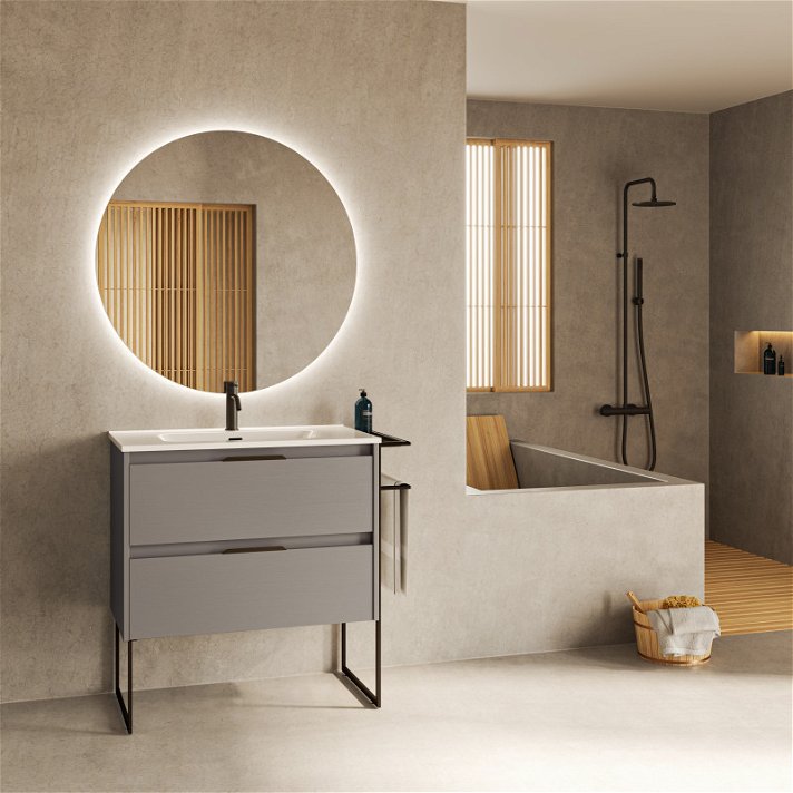 Mueble para baño con lavabo integrado de 100 cm de ancho fabricado en tablero en un acabado fumé arenado Keiko Amizuva