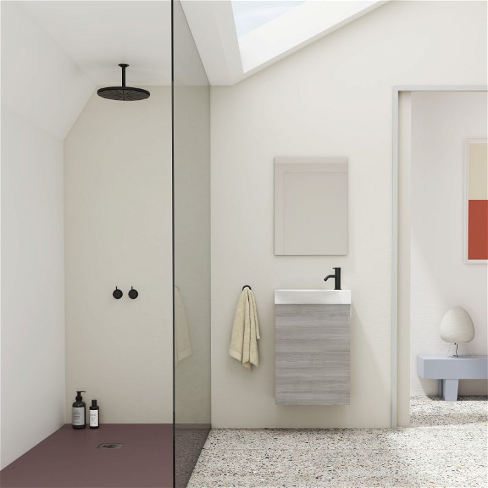 Conjunto para baño de un mueble de 45 cm de ancho con lavabo y espejo en un acabado gris arenado Mika Amizuva