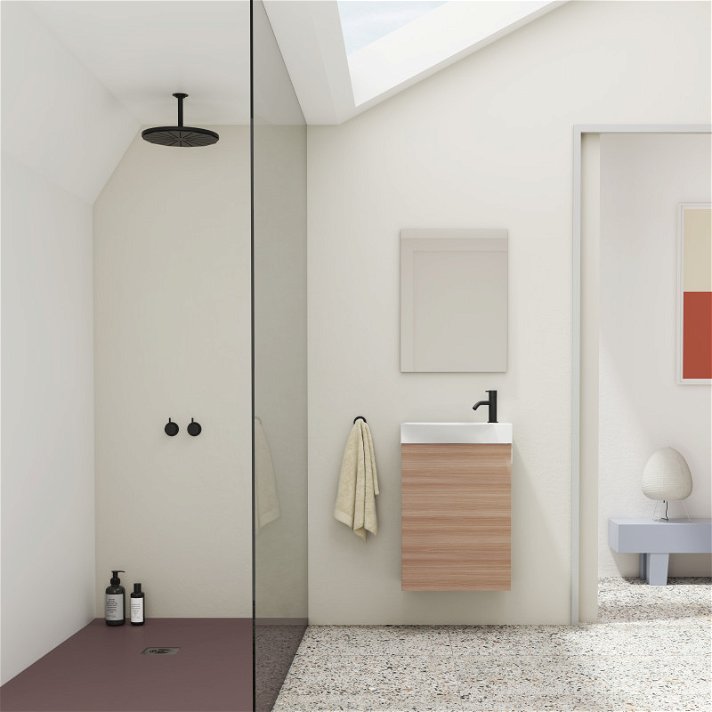 Conjunto para baño de un mueble de 45 cm de ancho con lavabo y espejo en un acabado nogal arenado Mika Amizuva