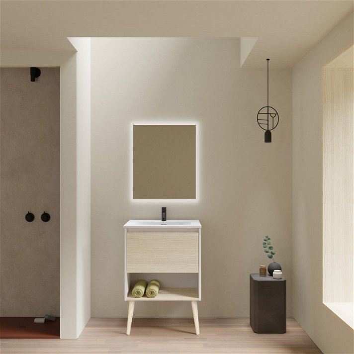 Mueble para baño de 60 cm de ancho con lavabo fabricado en tablero en un acabado blanco y roble mate Nara Amizuva