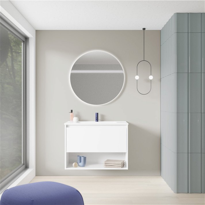 Mueble para baño con lavabo integrado de 80 cm de ancho con un acabado en blanco brillo Niwa Amizuva