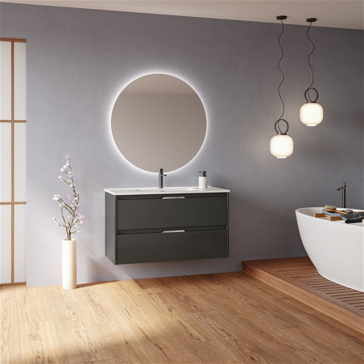 Mueble para baño de 100 cm de ancho con lavabo fabricado en tablero en un acabado antracita brillo Suki Amizuva