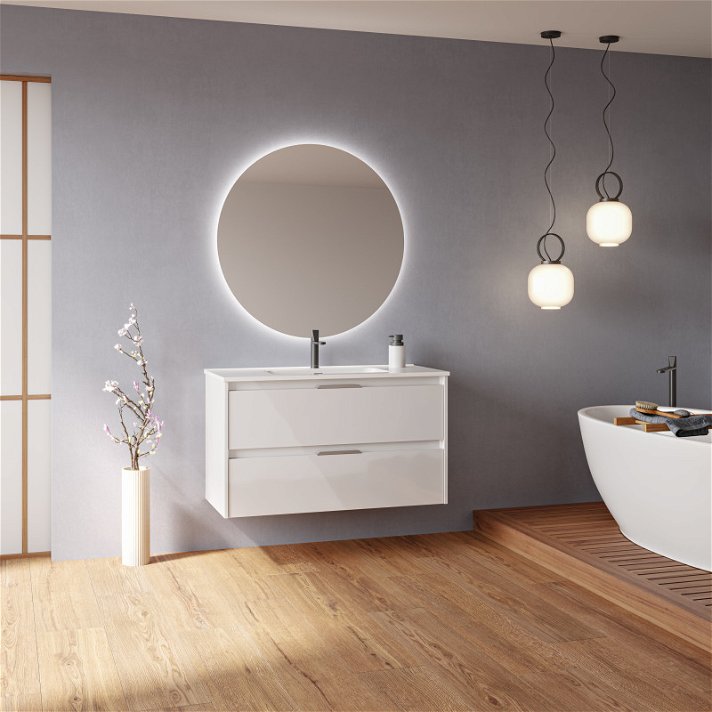 Mueble para baño de 100 cm de ancho con lavabo fabricado en tablero en un acabado blanco brillo Suki Amizuva