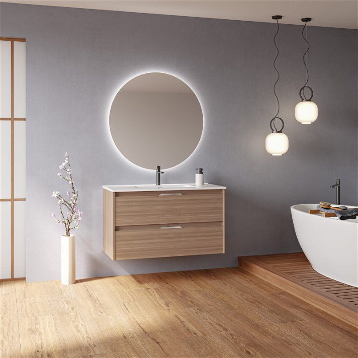 Mueble para baño de 100 cm de ancho con lavabo fabricado en tablero en un acabado nogal arenado Suki Amizuva