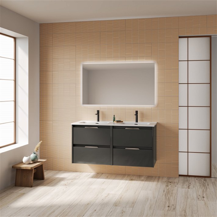 Mueble para baño con 2 lavabos integrados de 120 cm de ancho con un acabado en antracita brillo Suki Amizuva