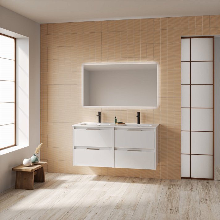 Mueble para baño con 2 lavabos integrados de 120 cm de ancho con un acabado en blanco brillo Suki Amizuva