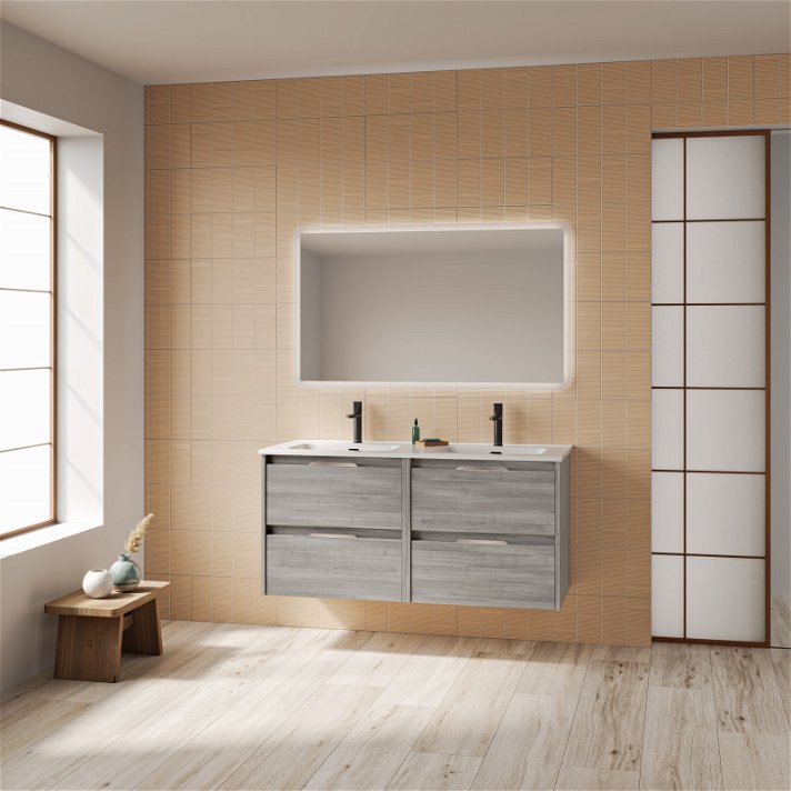 Mueble para baño con 2 lavabos integrados de 120 cm de ancho con un acabado en gris arenado Suki Amizuva