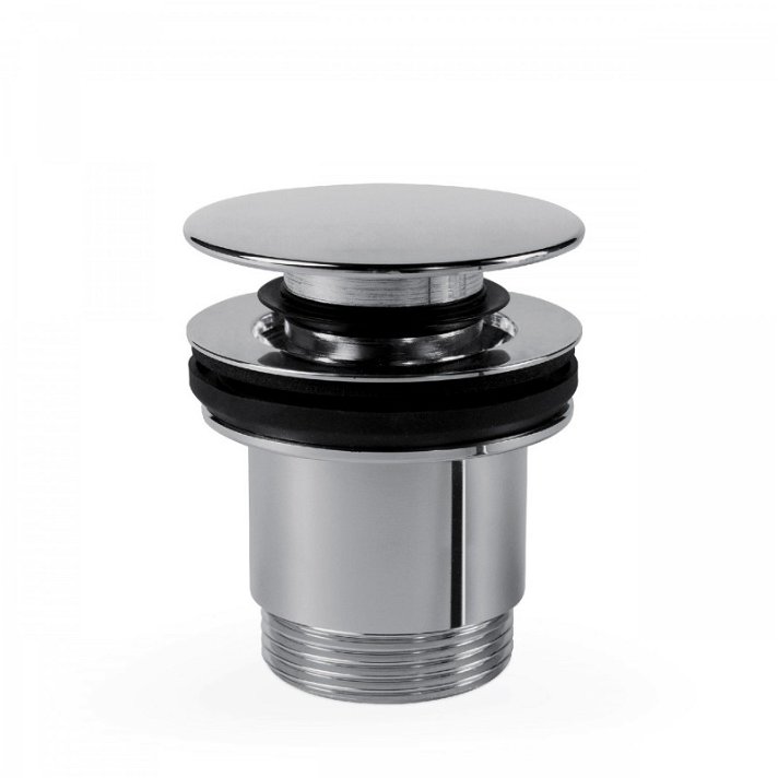 Válvula de desagüe para lavabo con sistema click-clack con tapón redondo fabricado de latón con acabado en cromo TRES