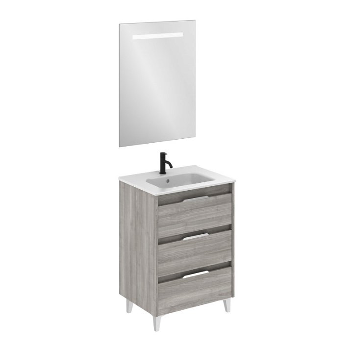 Mueble para baño de 60 cm de ancho con lavabo y 3 cajones fabricado en tablero en acabado gris arenado Suki Amizuva