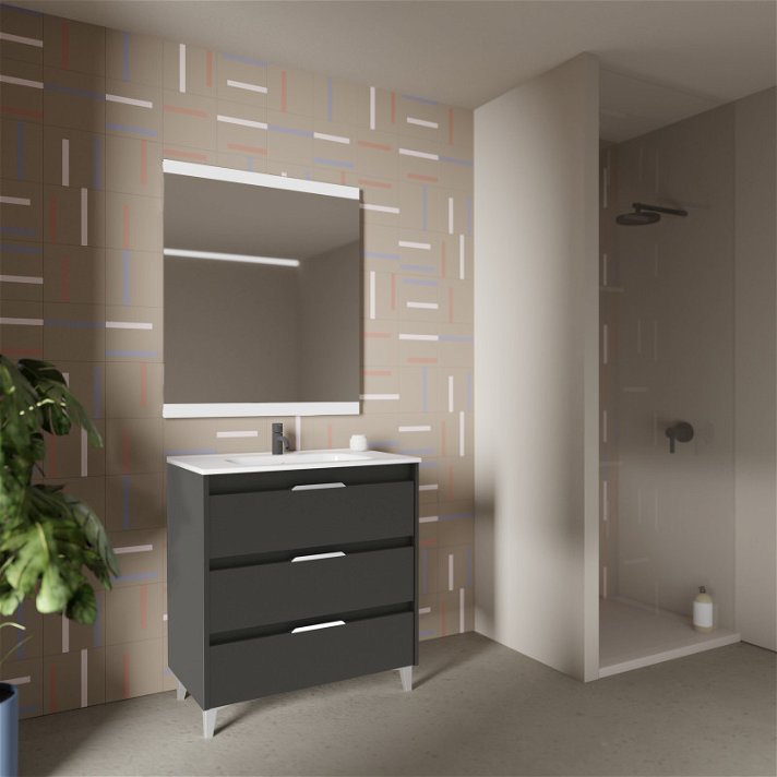 Mueble para baño con lavabo integrado con 3 cajones de 80 cm de ancho con un acabado en antracita brillo Suki Amizuva