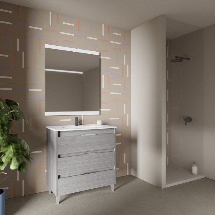 Mueble para baño con lavabo integrado con 3 cajones de 80 cm de ancho con un acabado en gris arenado Suki Amizuva