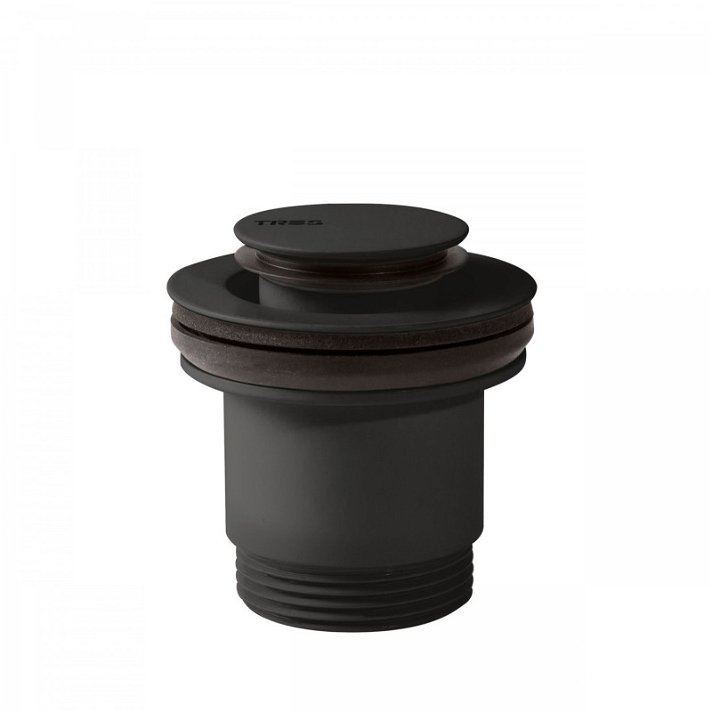 Válvula de desagüe para lavabo con sistema click clack fabricado de latón con acabado de color negro mate TRES