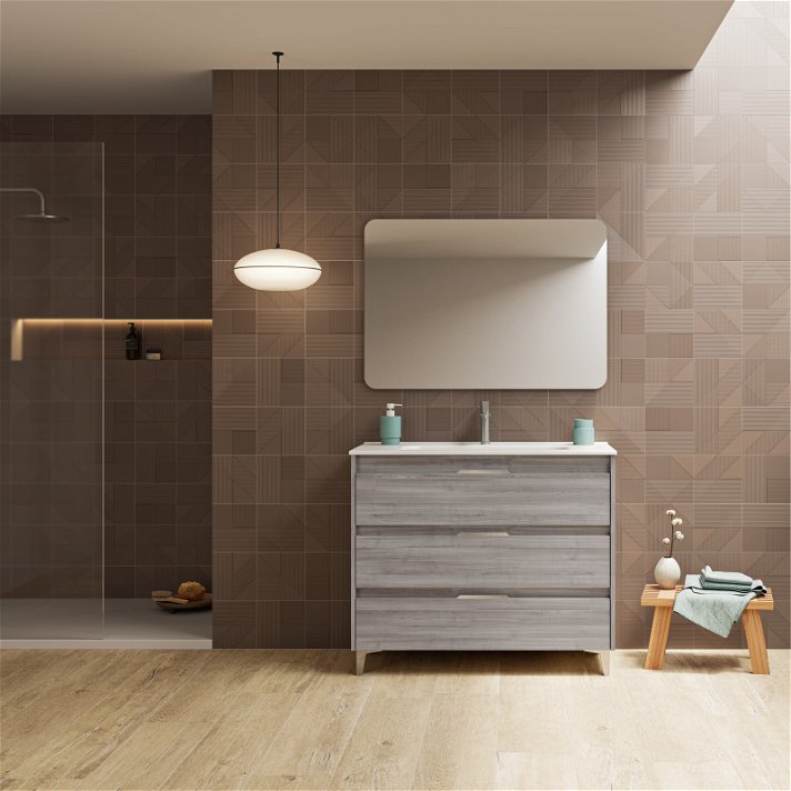 Mueble para baño de 100 cm de ancho con lavabo y 3 cajones fabricado en tablero en acabado gris arenado Suki Amizuva