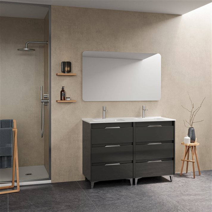 Mueble para baño con 2 lavabos integrados y 6 cajones de 120 cm de ancho con un acabado en antracita brillo Suki Amizuva