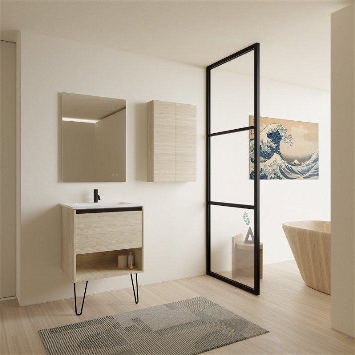Conjunto para baño de un mueble con 60 cm de ancho con lavabo y espejo en un acabado roble arenado Yoko Amizuva