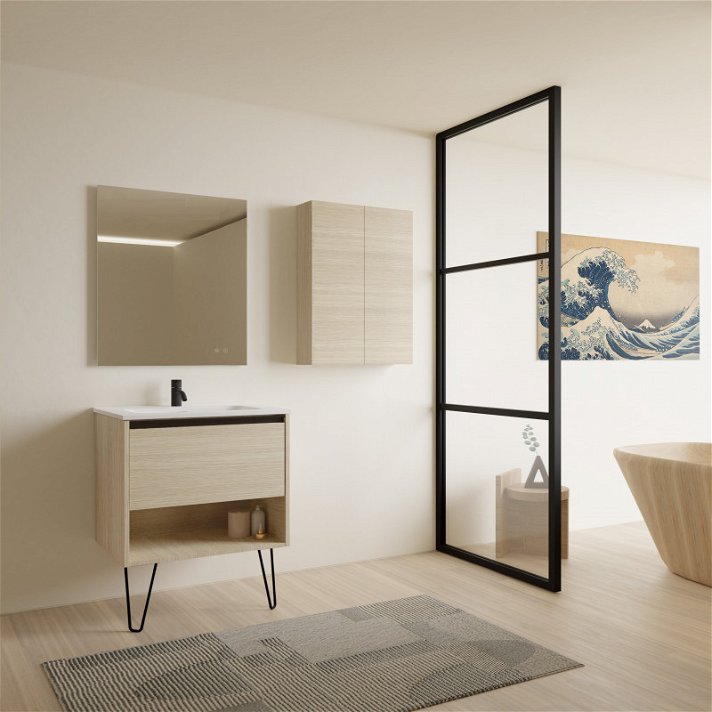 Conjunto para baño de un mueble de 80 cm de ancho con lavabo y espejo en un acabado roble arenado Yoko Amizuva